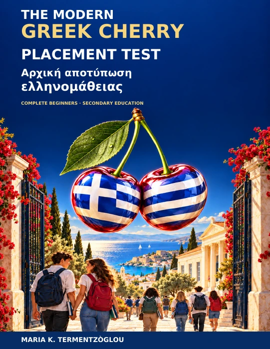 Beginner Placement Test mini ebook cover with a large cherry emblem containing the Greek flag