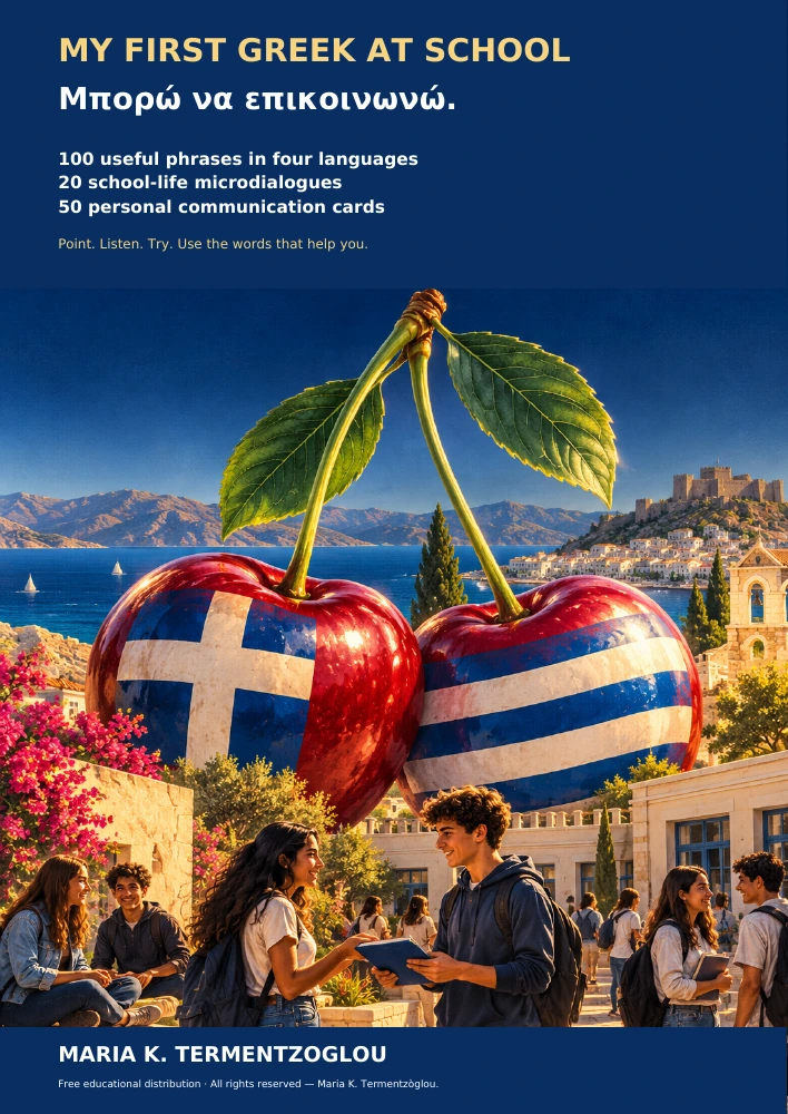 The Modern Greek Cherry Student’s Book back cover with the Greek-flag cherry and an overview of the 100 phrases, 20 microdialogues and 50 cards