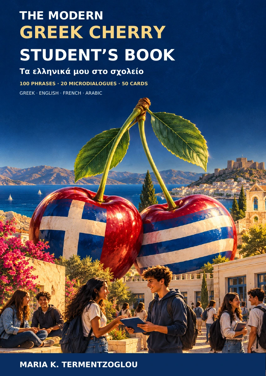 The Modern Greek Cherry Student’s Book cover with the Greek flag embedded in a large cherry emblem and students sharing a notebook