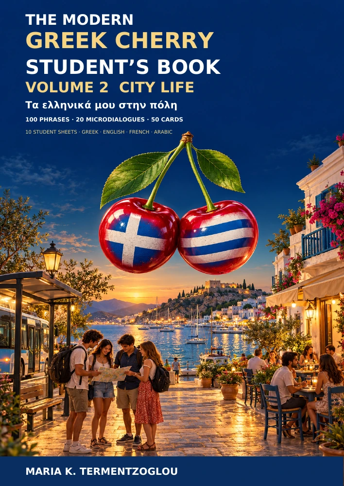 The Modern Greek Cherry Student’s Book Volume 2 City Life cover, with the Greek-flag cherry emblem above a coastal town, bus stop and café