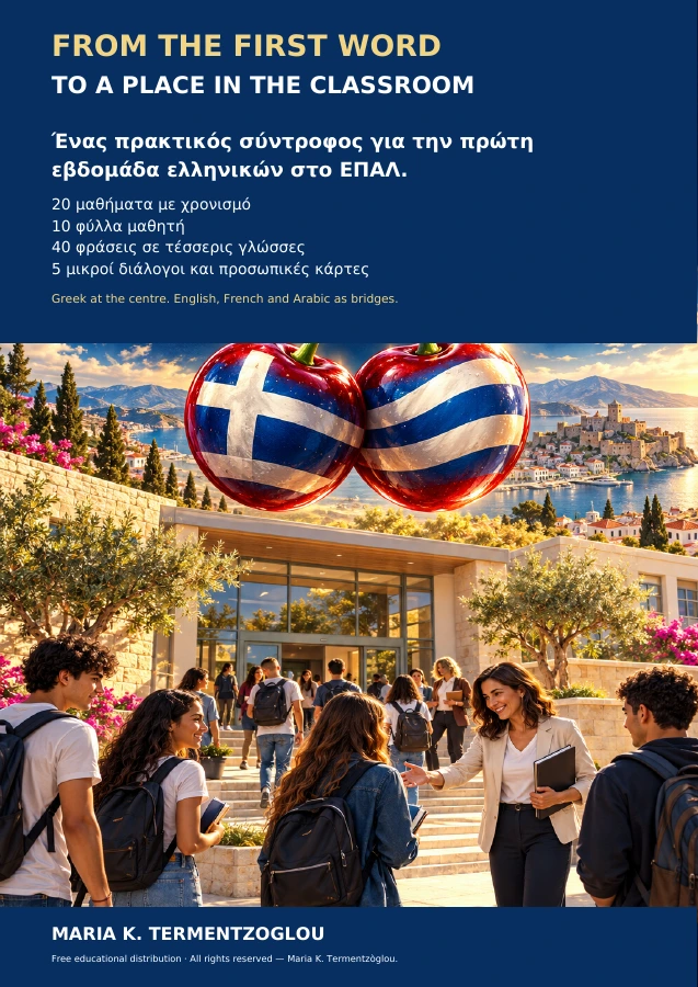 Survival Guide back cover with the Greek-flag cherry emblem, author name and overview of its first-week teaching resources