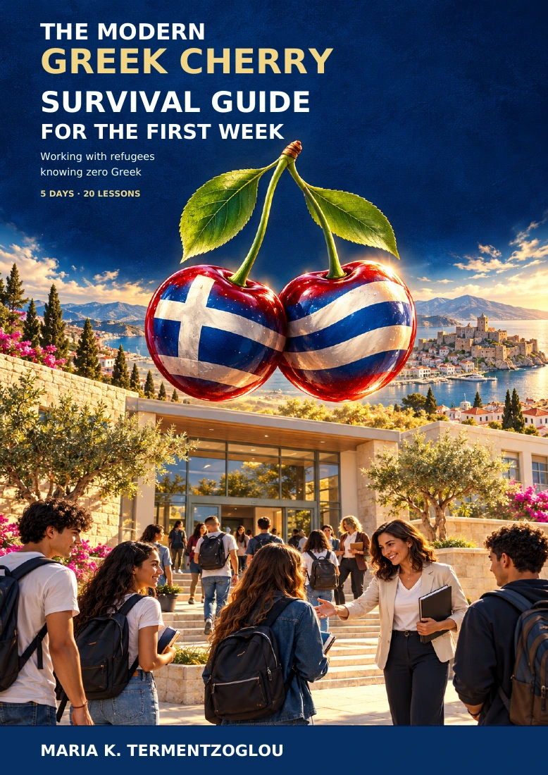 The Modern Greek Cherry Survival Guide for the First Week cover, featuring a large Greek-flag cherry emblem above a welcoming school scene