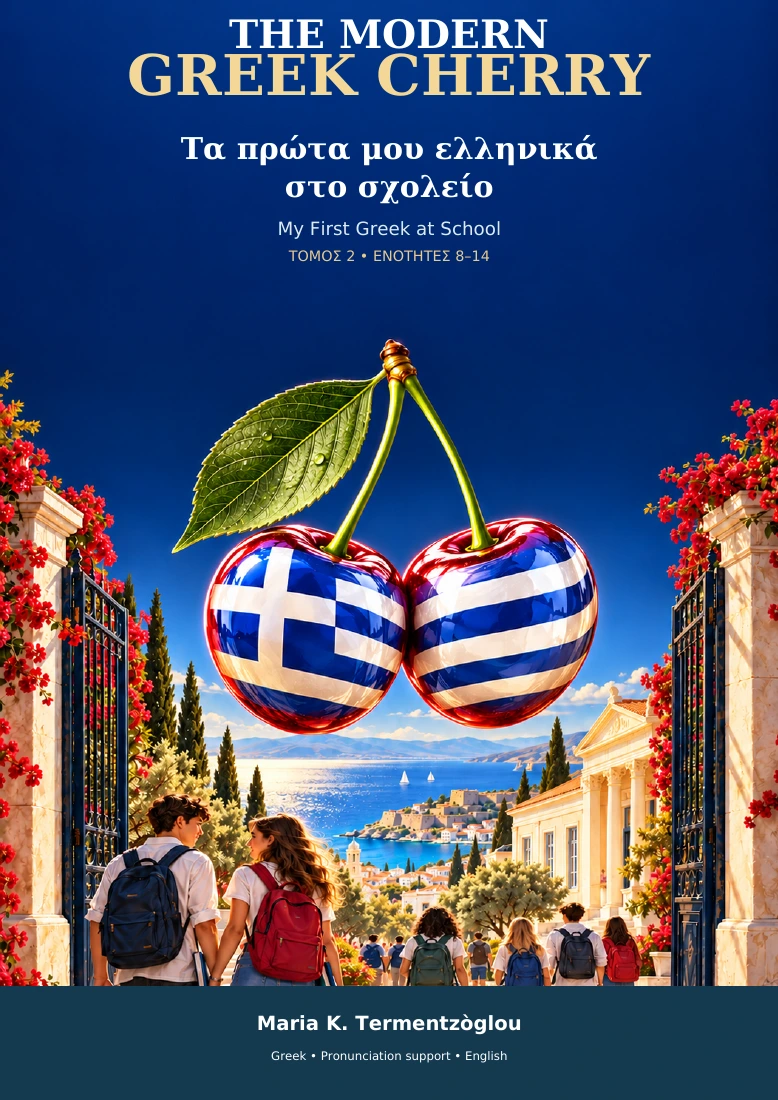 The Modern Greek Cherry Volume 2 cover, Units 8–14, with the Greek flag embedded into the cherry emblem